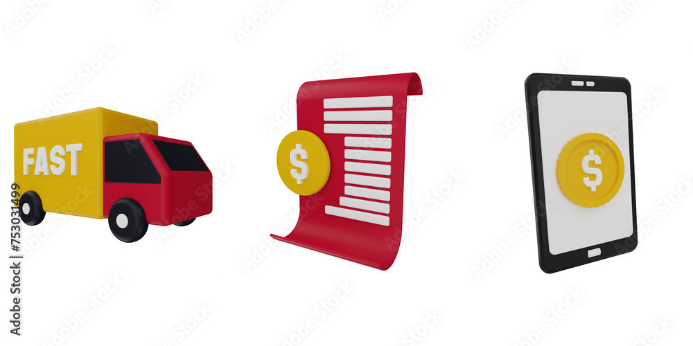 3d Fast Delivery, Shopping Invoice, Mobile Payment. 3d render icon pack. high quality render 3d Fast Delivery, Shopping Invoice, Mobile Payment. 3d render icon pack. high quality render