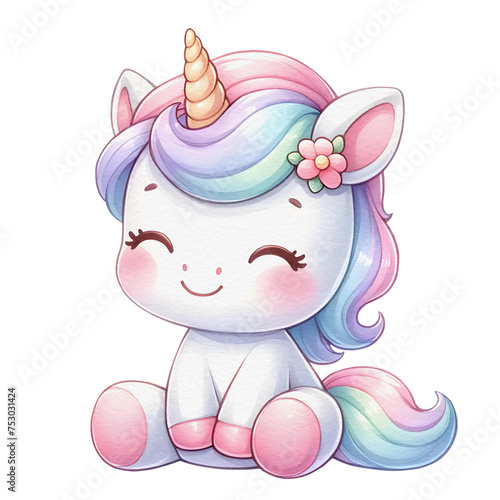 Cute Unicorn Character Sitting Pose illustrations in watercolor texture style, colorful kawaii unicorn 