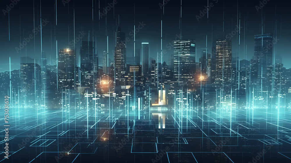 Fototapeta premium Smart city on background, featuring smart infrastructure and connected buildings