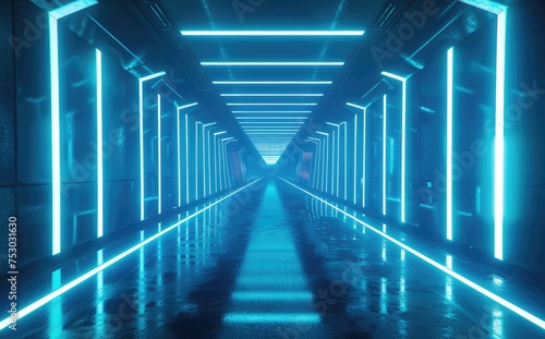 Futuristic Blue Neon-Lit Corridor Interior © evening_tao