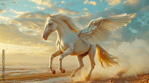 Majestic Pegasus in Flight at Sunset on Seashore.