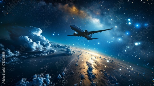 Airplane Soaring Through Starry Sky Above Earth
