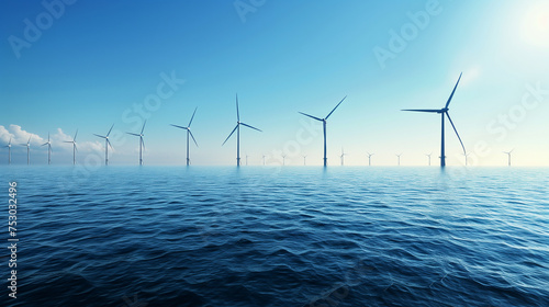 Row of Wind Turbines in the Ocean