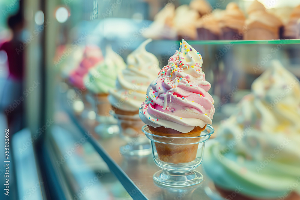 Artisan ice cream cones with toppings, variety of flavors