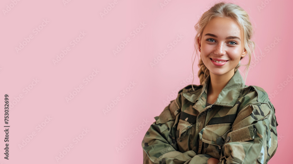 Blonde woman in Paramilitary Forces uniform isolated on pastel background Blonde woman in Paramilitary Forces uniform isolated on pastel background