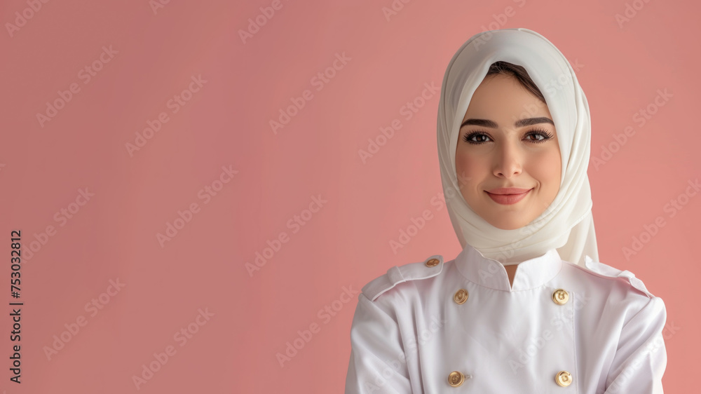 Arab woman in cruise ship staff uniform isolated on pastel background Arab woman in cruise ship staff uniform isolated on pastel background