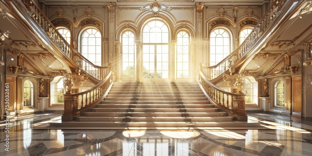 A large, ornate staircase leads up to a grand room with a large window