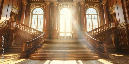 A large, ornate staircase leads up to a grand room with a large window © xartproduction