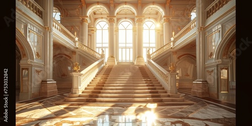 A large  ornate staircase leads up to a grand room with a large window