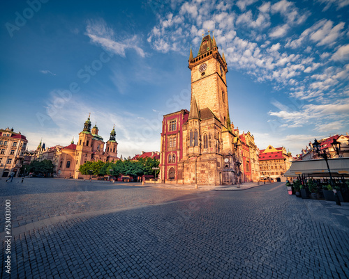 Empty Old Town Square Prague. Splendid summer view of Tyn Church. Superb morning cityscape of Prague, capital city of the Czech Republic, Europe. Traveling concept background. photo