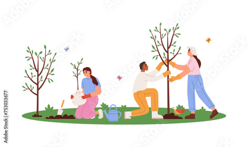 Young people plant trees in spring