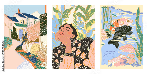 Wall art illustration for interior design.Triptych of pastel-toned illustrations depicting serene landscapes, a contemplative woman, and koi fish.