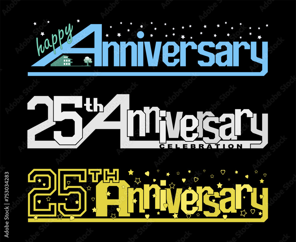 Set of happy anniversary texts isolated on black for banner, poster, greeting card, social media.