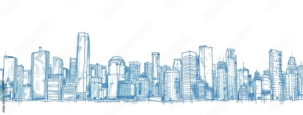 Hand-Drawn Blue Ink Cityscape Panoramic View