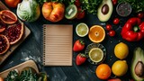 Healthy Fresh Assorted Fruit. Overhead view of vibrant fresh fruits and notebook on dark background for a healthy diet.