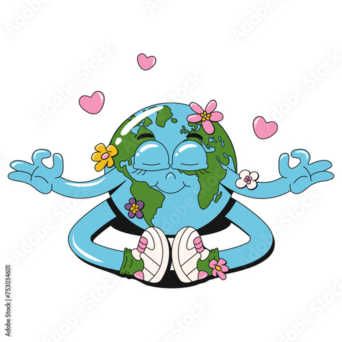 Retro groovy cheerful meditating Earth planet character with flowers. Cartoon 60s, 70s vintage Earth Day sticker. World Environment Day concept. Vector illustration in Y2K aesthetics. Editable strocke