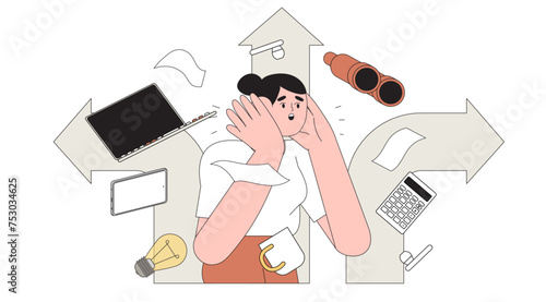 Employee tired of work routine and search for new career variations. Puzzled woman at crossroad want to change profession. Opportunity, doubt or tough decision concept, think on difference career path