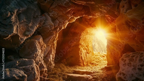 Empty tomb with stone rocky cave and light rays bursting from within