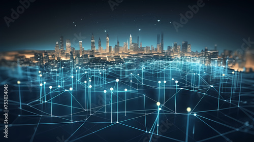 Smart city on background, featuring smart infrastructure and connected buildings