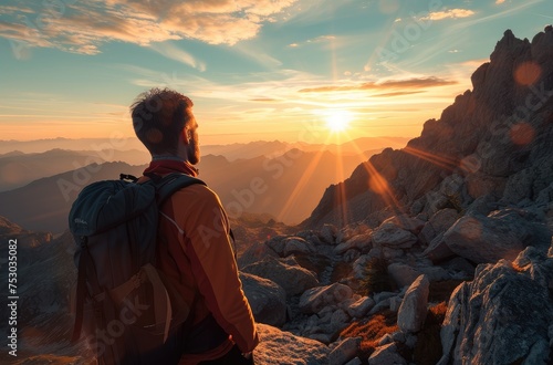 Adventurer Beholding Sunset Atop Mountain Range