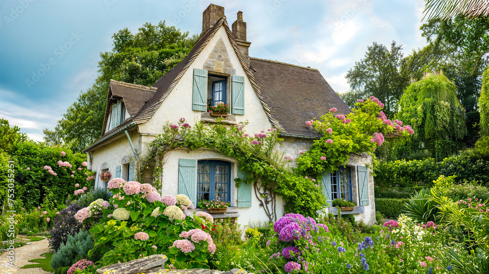 Front Elevation Of Traditional Chocolate Box Style Thatch Cottage With front-elevation-of-traditional-chocolate-box-style-thatch-cottage-with