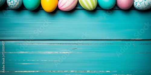 colorful painted easter eggs on blue wood background. Easter frame of eggs painted in blue red yellow pink green colorful color. Flat lay, top view. Copy space for text