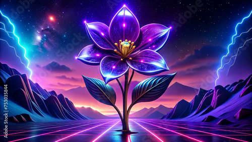 Beautiful fantasy landscape with flowers and glowing stars. Vector illustration. Generative AI