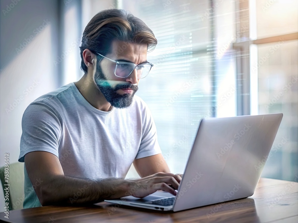 programmer working with laptop clear face generative ai programmer working with laptop clear face generative ai