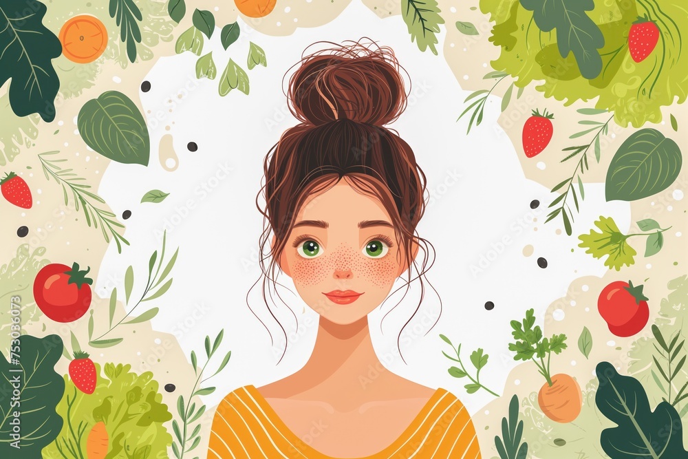 Satisfied, happy girl surrounded by vegetables, fruits and berries. Concept of diet, weight loss, healthy eating and vegetarianism Satisfied, happy girl surrounded by vegetables, fruits and berries. Concept of diet, weight loss, healthy eating and vegetarianism