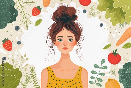 Satisfied, happy girl surrounded by vegetables, fruits and berries. Concept of diet, weight loss, healthy eating and vegetarianism