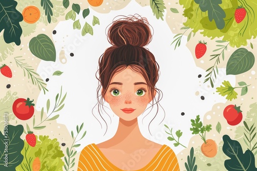 Satisfied, happy girl surrounded by vegetables, fruits and berries. Concept of diet, weight loss, healthy eating and vegetarianism