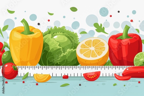 Fruits, vegetables and herbs on the background of a measuring tape for the waist: bell pepper, cabbage, lime, lemon, tomatoes and spices. Diet and weight loss concept