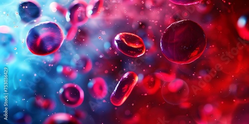 red blood cells flowing and to much food protein blocking veins, ai generated.