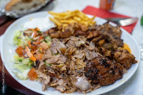 A plate of food with a variety of meats and vegetables