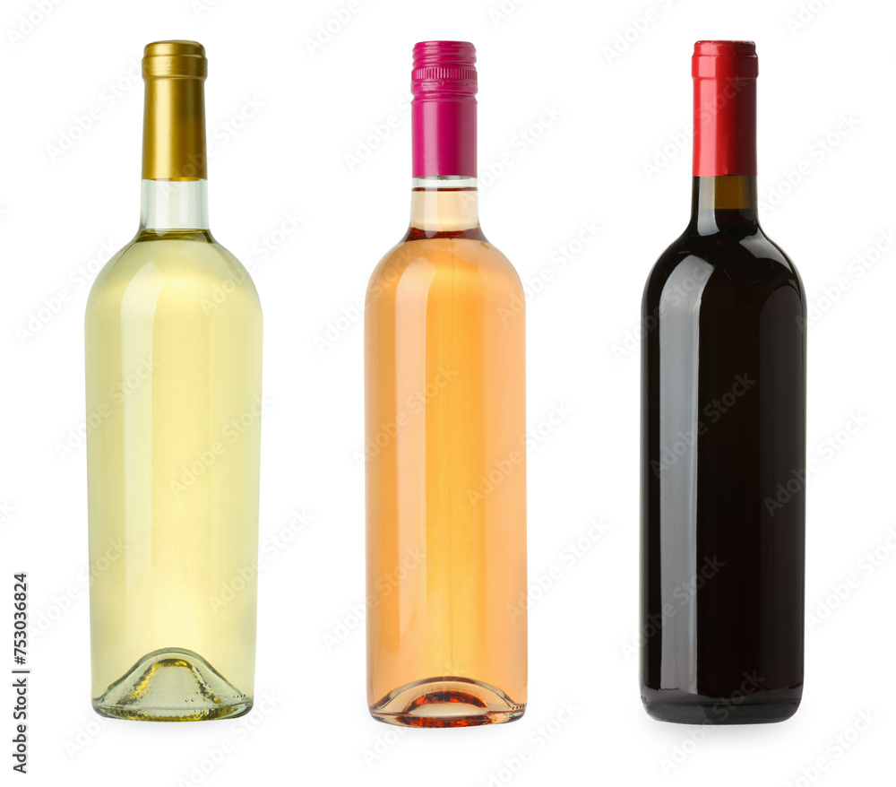 Bottles of white, rose and red wine isolated on white Bottles of white, rose and red wine isolated on white