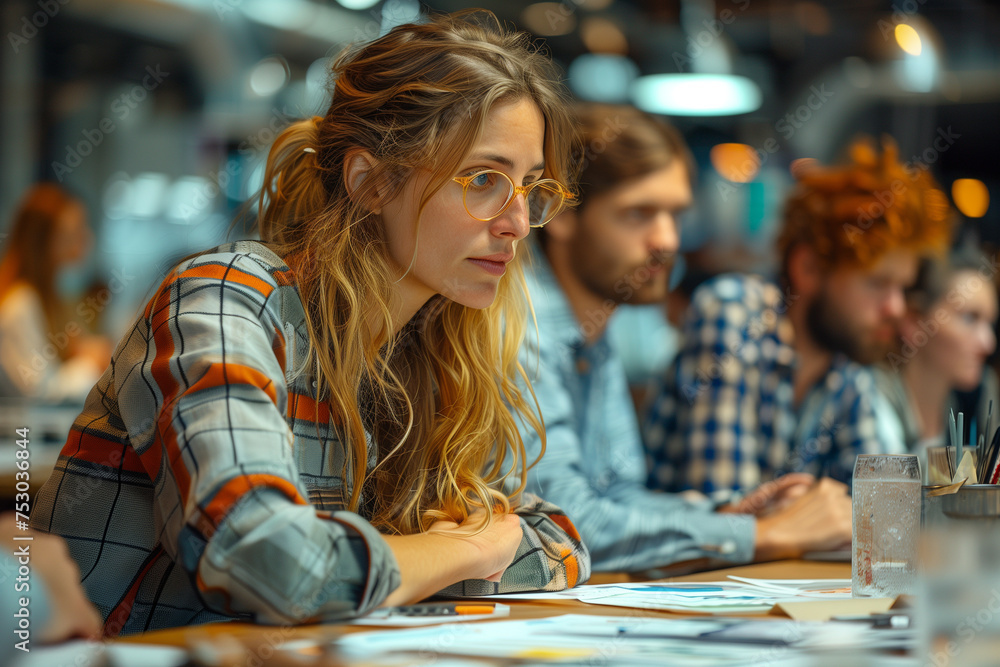 Fototapeta premium Donna con occhiali al lavoro con il team