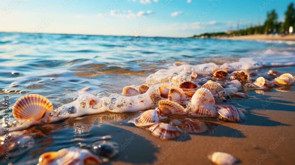 Super detailed photo of summer seashells and water waves outdoors. Free space for your decor. Generative AI Super detailed photo of summer seashells and water waves outdoors. Free space for your decor. Generative AI