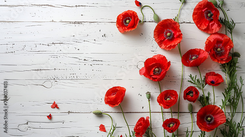 Beautiful red poppy flowers on white wooden background. generative ai 
