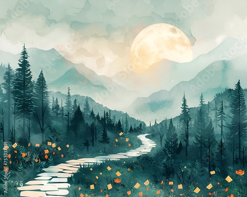 Illustration of a serene landscape with a trail of thank you notes leading to a helping hand Use soft calming colors and a peaceful setting to convey a sense of sincere gratitude and helpfulness 