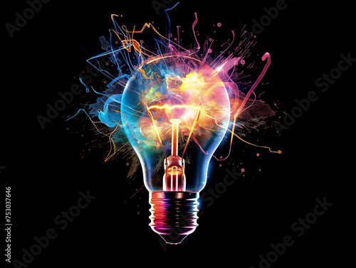 Light bulb explodes with colorful electric light.