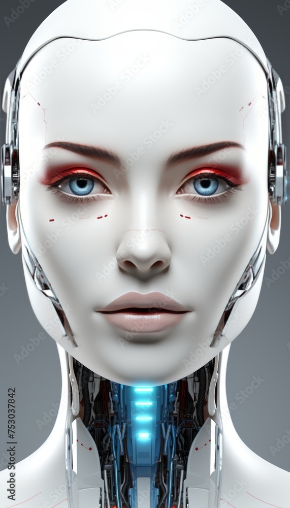 Futuristic white artificial intelligence robot portrait with copy space for text placement. Futuristic white artificial intelligence robot portrait with copy space for text placement.