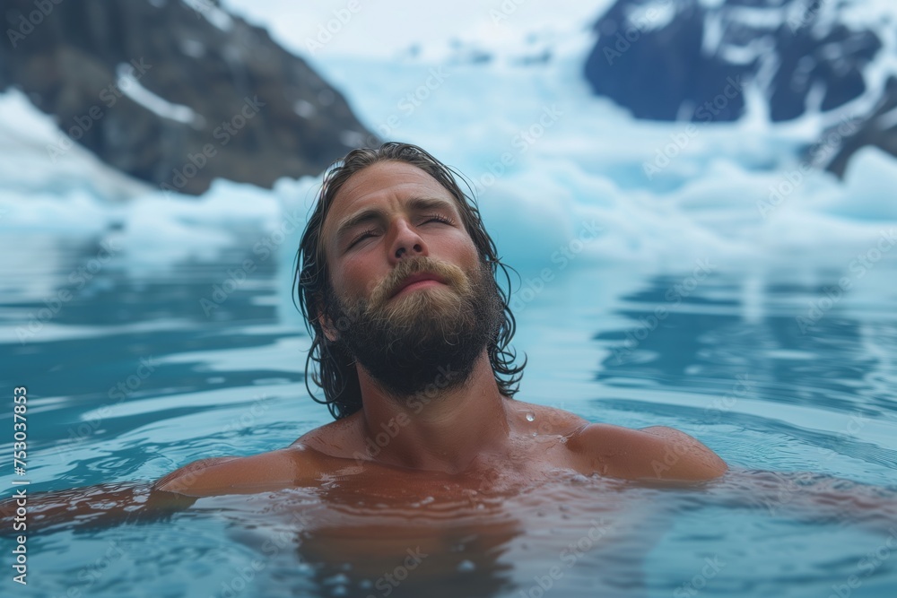 A man with a beard relaxes while swimming in icy water. Ice bath concept, Wim Hof Method, ice therapy, cold therapy, winter bathing