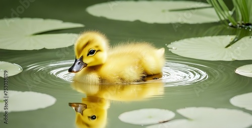 A little yellow duckling swims on the pond. Ai generative