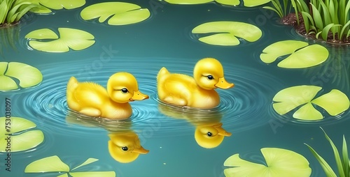 Two little yellow cute ducks swim in the water. Ai generative