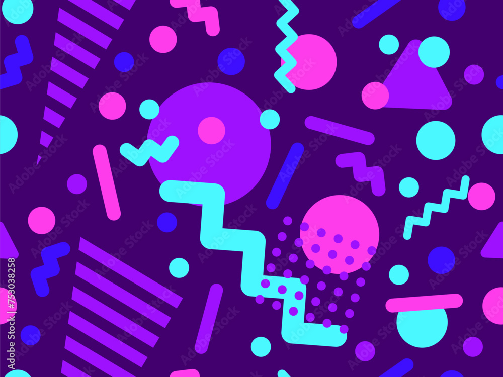 Fototapeta premium Memphis seamless pattern with geometric shapes in 80s and 90s style. Geometric shapes of different shapes and colors. Design of promotional products, wrapping paper and printing. Vector illustration