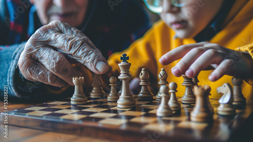 Photo of an elder teaching a teenager how to play chess, with a close-up on the chessboard and their hands, symbolizing strategic thinking and patience photo