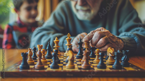 Photo of an elder teaching a teenager how to play chess, with a close-up on the chessboard and their hands, symbolizing strategic thinking and patience photo