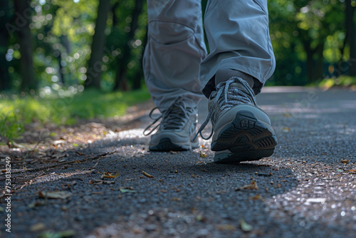 Photo of an elderly individual taking a morning walk in the park, with a close-up on their walking shoes and the path ahead, representing routine physical activity