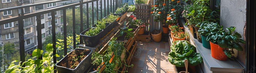 Small balcony urban gardens, utilizing recycled containers and composting for sustainable agriculture in limited spaces