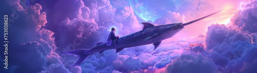 A whimsical journey scissors riding a swordfish among clouds © Roni